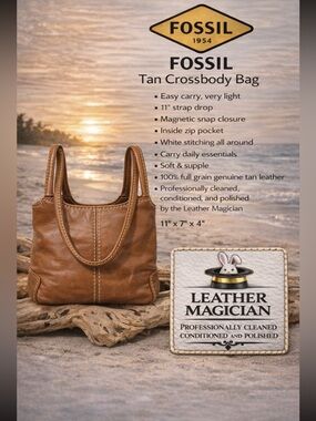 Fossil Tan Leather Crossbody Bag Y2K NWOT 11x7x4 Full Grain Leather Cleaned